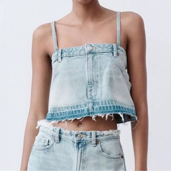 NEW ZARA - Denim Skirt Effect Crop Top - Picture 1 of 8